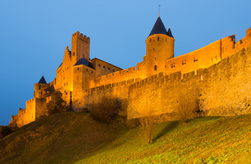 Fototapeta na wymiar castle and fortified city in evening time. Carcassonne
