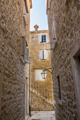  Narrow medieval streets of Old Town of Budva, Montenegro.