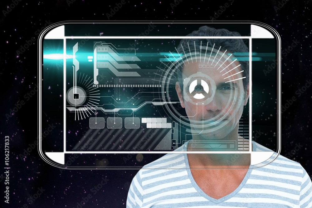 Poster man looking at tech interface