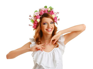 Beautiful young woman wearing floral headband isolated on white background