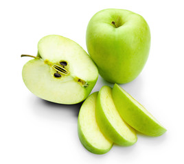 Green sliced apples isolated on white background