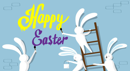 Rabbit Group Standing On Step Ladder Hold Brush Paint Happy Easter Wall Holiday Banner © mast3r