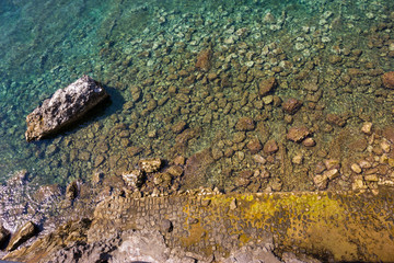Waves and rocky boulders on the bottom of the sea.