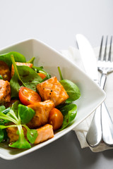 Salad with fresh spinach and grilled salmon