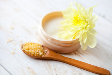 SPA treatment set   on  white wooden  table