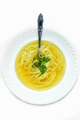 Chicken broth soup with noodles. - obrazy, fototapety, plakaty
