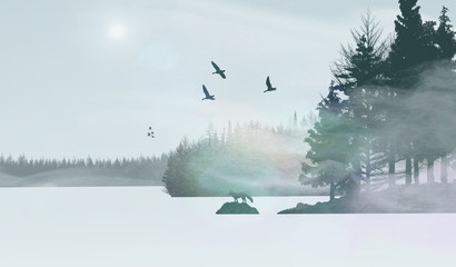 frozen lake in winter surrounded by forest 