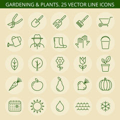 Gardening tools. Vector thin line icon set. Gardening icons, tree, wheelbarrow, flower, trowel, sapling, sun, watering can. Gardening isolated leaf, vegetable, pruner, pot, rake, fruit, fork, boots.