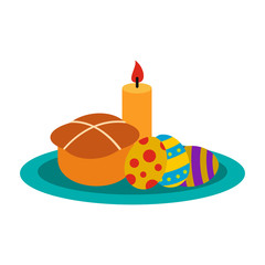 Easter cake with eggs and burning candle icon 