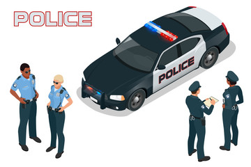 Police car - policeman - policewoman. Flat 3d isometric high quality city service transport. Isometric police car. © Golden Sikorka