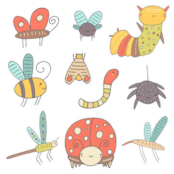 Cute hand drawn doodle insects collection 