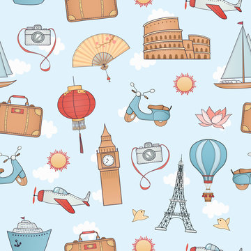 Travel seamless pattern. Famous plases.
