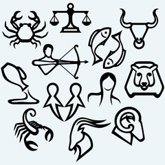 Zodiac signs. Isolated on blue background. Vector silhouettes
