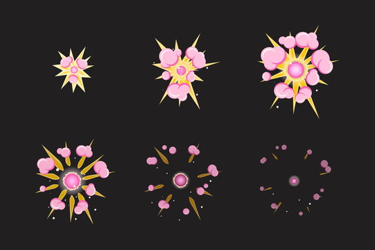 Sprite sheet for cartoon pink fog fire explosion, mobile, flash game effect animation. 8 frames on dark background.