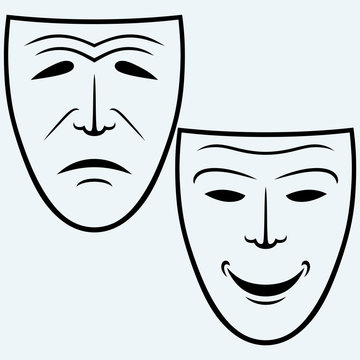 Comedy and Tragedy theatrical mask. Isolated on blue background. Vector silhouettes