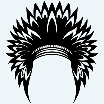 Native american indian headdress. Isolated on blue background. Vector silhouettes
