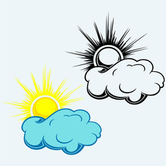 Sun in the clouds, symbol. Isolated on blue background. Vector silhouettes
