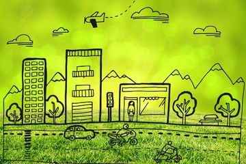 City drawn on natural background
