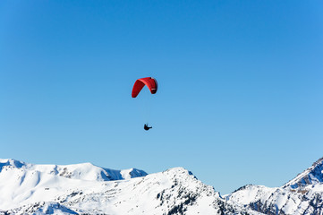 Paraglider/Fallschirmspringer über den schneebedeckten Gipfeln der Alpen