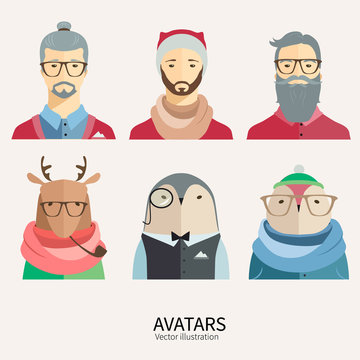 Hipster Christmas avatars in flat style.