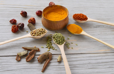 a variety of spices, scattered in small spoons are around a central bowl with spices on a wooden old gray natural background.
