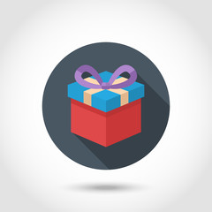 Colorful Gift box,present icon,sign,symbol,pictogam with long shadow isolated on a circle in flat style.Happy New Year. Merry Christmas.Concept for web banners and printed materials.