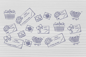 set of gift cards, shopping carts, coupons and vouchers