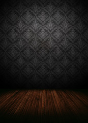 dark interior room with baroque wallpaper.