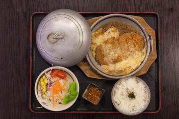 Katsudon, fried pork with egg topping on rice