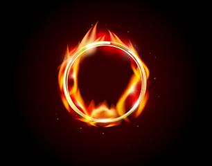 Abstract realistic fire ring dark background. Metal chrome shine round frame with flame on black. Vector burning glow golden cover.