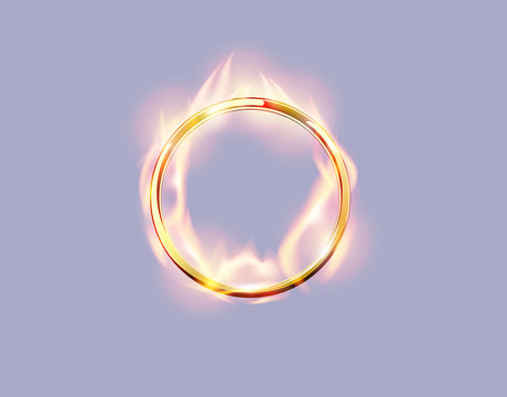 Burning ring on light background. Metal golden round frame with flame spurts. Vector fire glow golden cover.