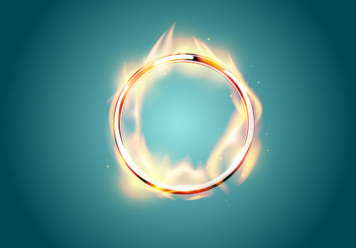 Turquoise chrome metal burning ring circus background. Round flame vector frame. Golden design element. Spurts of fire.