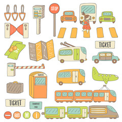 Cute hand drawn doodle transport objects collection 