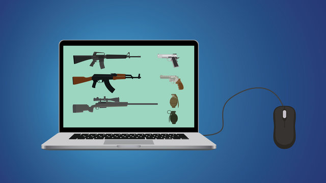 buy online gun website illustration with riffle and notebook mouse