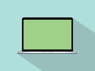 notebook laptop flat illustration with green background shadow