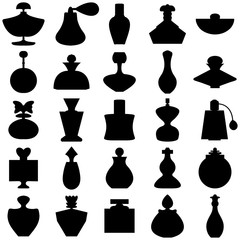 Vector of perfume bottle collection. A set of 25 black bottle silhouettes. Isolated perfume bottle collection on white background. Group of cosmetic bottle symbols. Many beauty product bottles vector.
