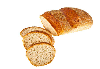 Buckwheat bread and slices on a white background
