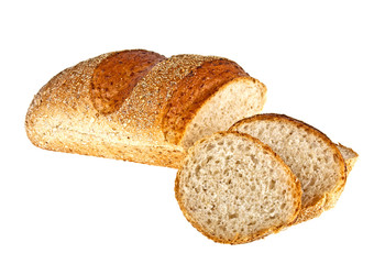 Buckwheat bread and slices on a white background
