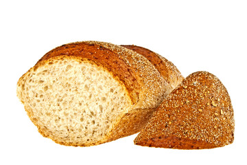 Buckwheat bread and slices on a white background