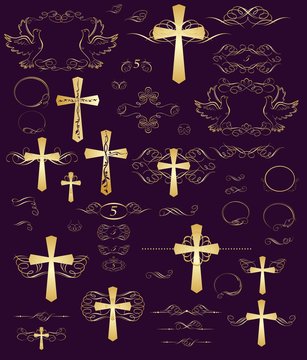 Set of easter golden vintage design with crosses