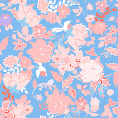 Seamless floral  background. Isolated flowers and leafs on blue background.