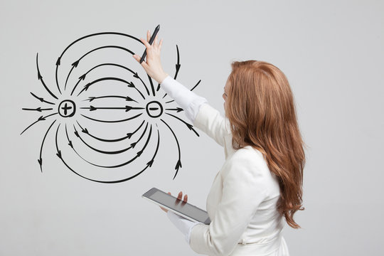 Young woman, physics teacher draws a diagram of the electric field