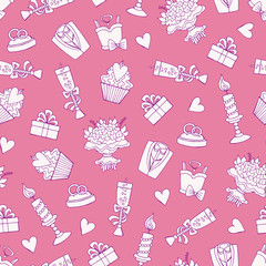 Vector pattern with hand drawn isolated symbols of wedding on pi