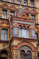 Obraz premium Facade of an old house made in Russian style