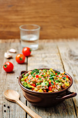 broccoli, corn, red pepper, green peas red and white rice