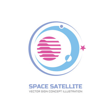 Space satellite vector logo concept illustration in classic graphic style. Astronomy logo sign. Abstract planets illustration. Solar system concept illustration. Galaxy sign. Space logo. Planets logo.