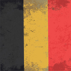 Grunge styled flag of Belgium. Damaged grunge texture of the national flag. Symbol of Belgium. Vintage element. Dirty patriotic country emblem. Retro style. Vector design