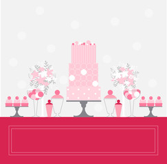 Candy Buffet with cake and flowers. Wedding dessert bar. Birthday sweet table. Vector illustration.