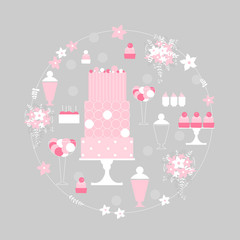 Sweet table with cake  in round frame. Vector illustration.