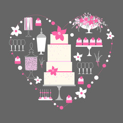 Candy Buffet with wedding  cake. Wedding dessert bar  in frame with heart. Vector illustration.